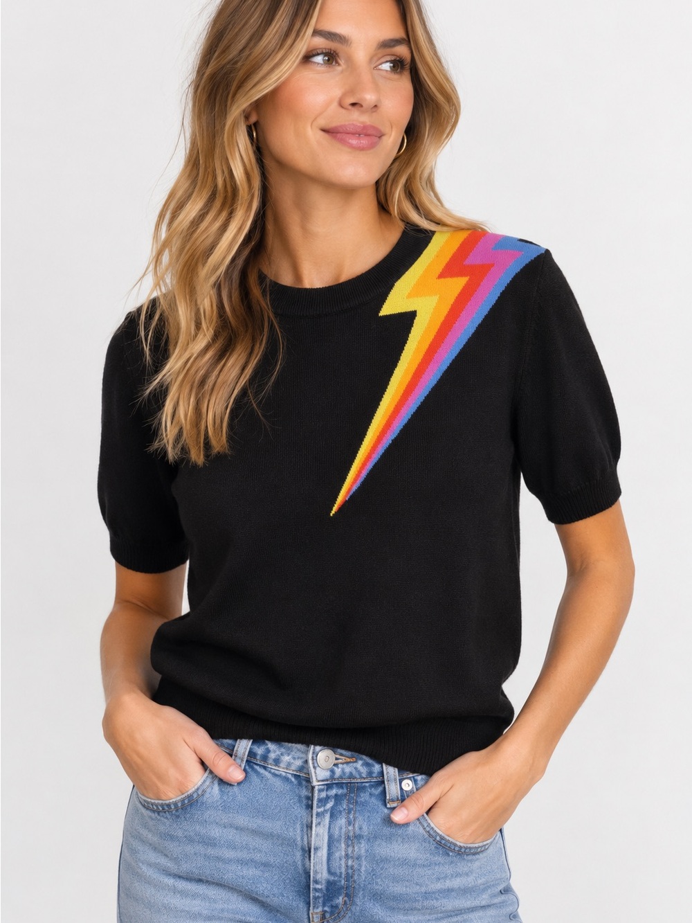 OXKnit Black Short-Sleeve Sweater Top with Rainbow Lightning Bolt